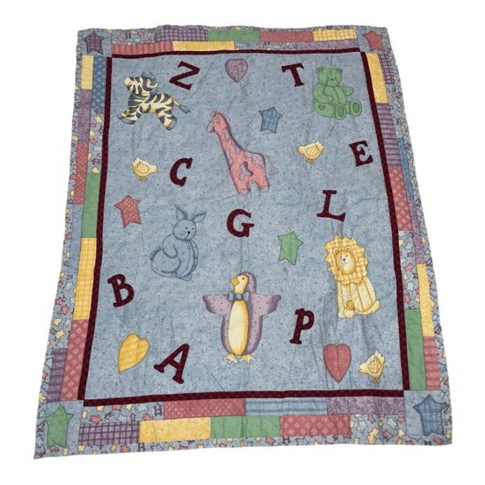 Vintage Handmade Quilted Baby Nursey Blanket Alphabet Animal Stars 33”x42 (0780)